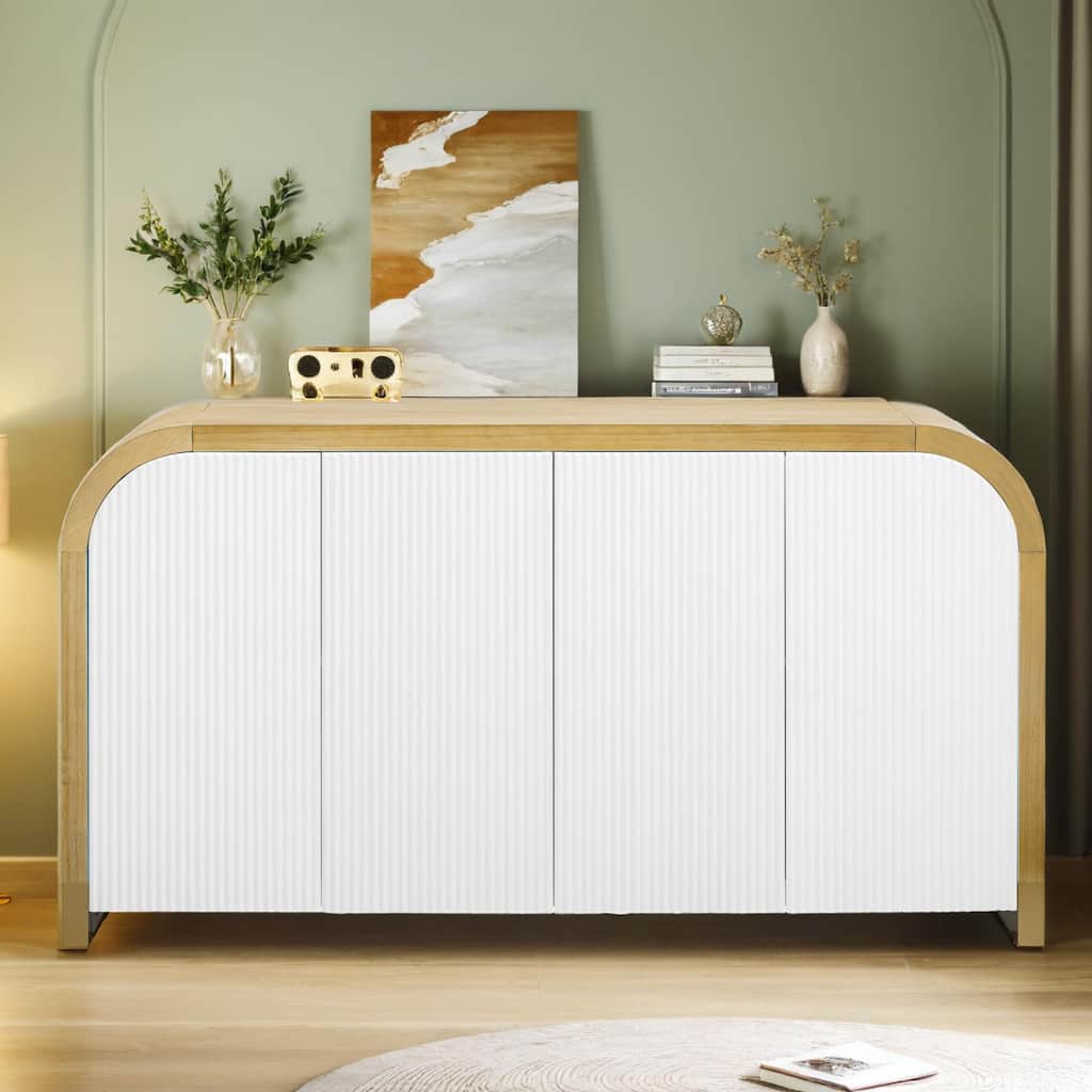 4-door Curved Corner Design Wavy Door Panel Cabinet with Adjustable Shelves, Suitable for Study, Living Room and Entrance