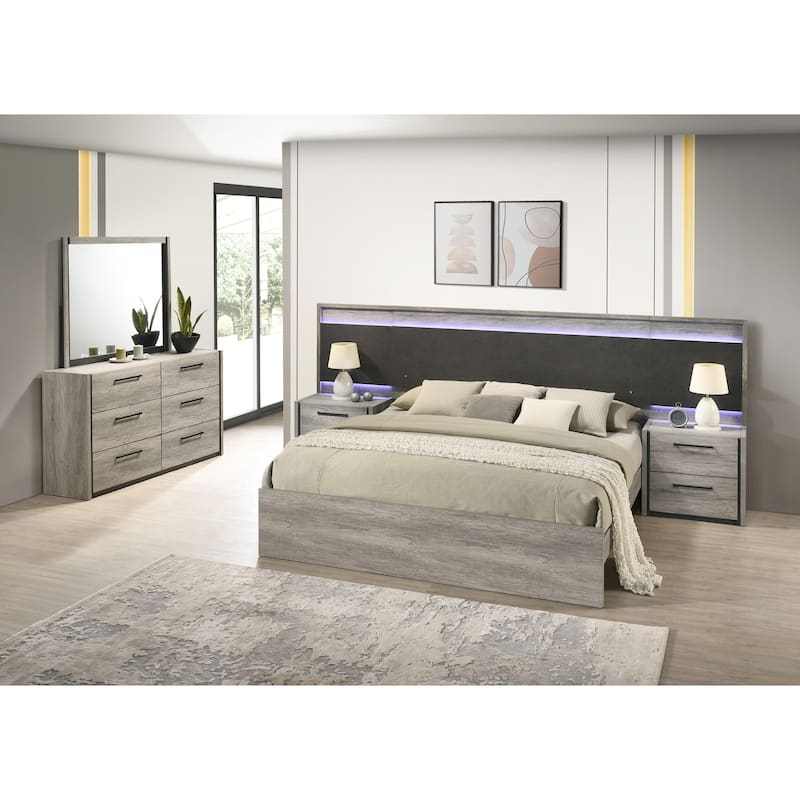 Roundhill Furniture Lenca LED Wallbed with Nightstands, Dresser, and Mirror - Weathered Gray - Queen