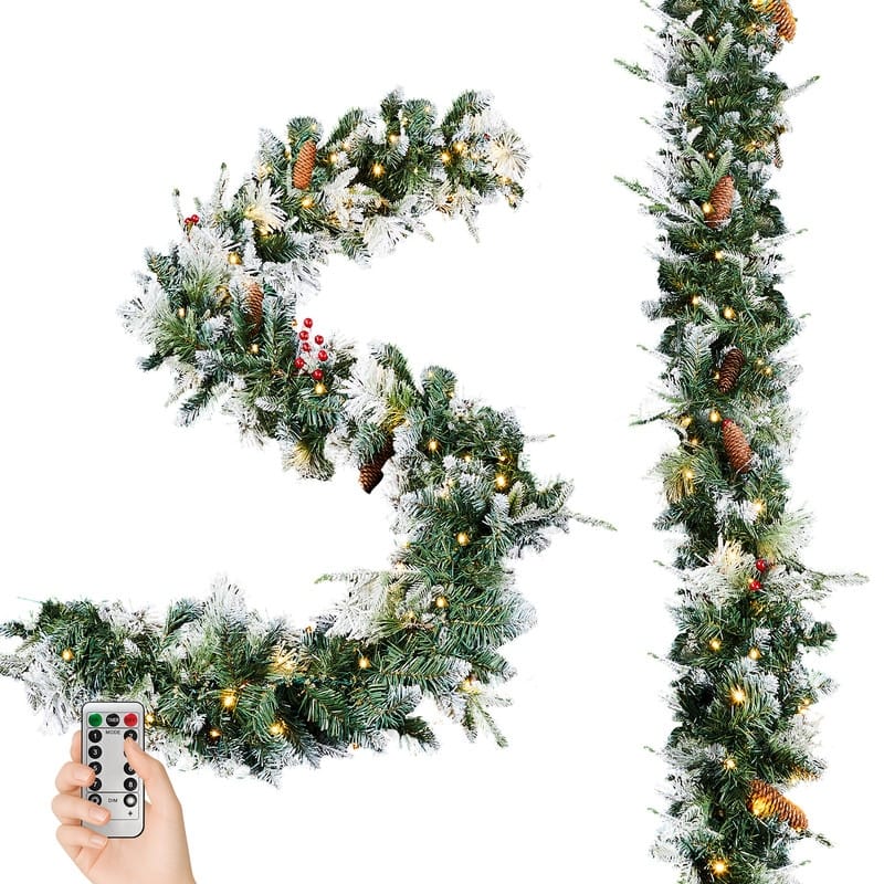 2 Pack 9FT Pre-lit Snow Flocked Christmas Garland - Green