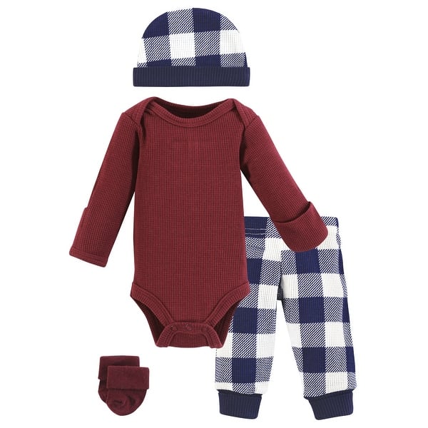 slide 1 of 1, Hudson Baby Boys Thermal Preemie Layette Set 4pc Long Sleeve Outfit, Navy Plaid, Preemie - Navy Plaid Long Sleeve Preemie - Navy Plaid Long Sleeve