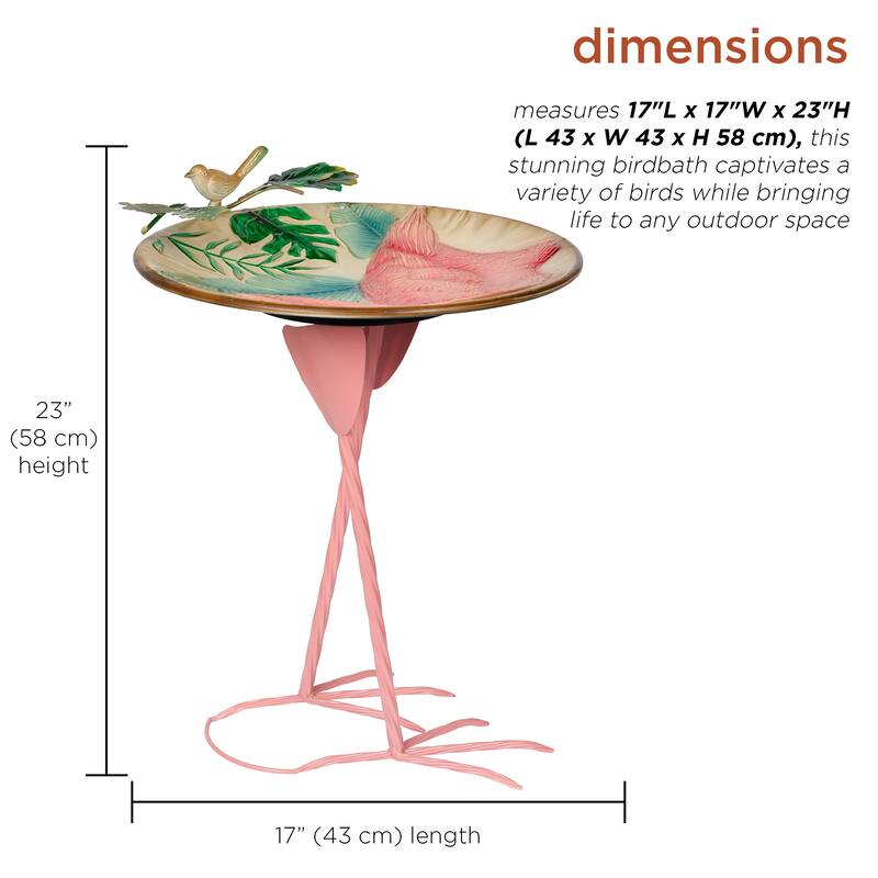 Alpine Corporation ORS876 Outdoor Metal Birdbath w/ Stylish Stand, Flamingo Pattern Birdbath Bowl and Stand, 23"H, Pink/Blue