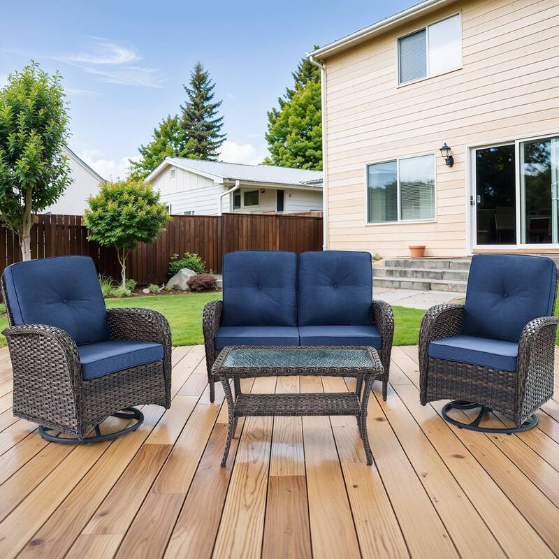 Pocassy Outdoor Loveseat Sofa with Table Funiture Set - Brown Wicker Blue Cushion - 4PCS Loveseat Sofa with Swivel Chairs