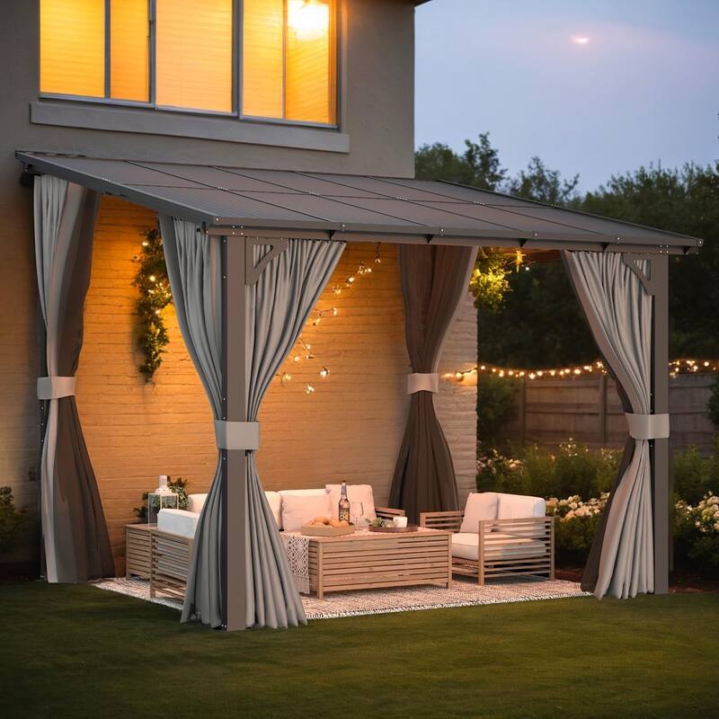 AECOJOY Gazebo for Patio, Small Wall-Mounted Lean to Pergola 8x8 Gazebo with Curtains and Netting, Hard Top Gazebo on Clearance