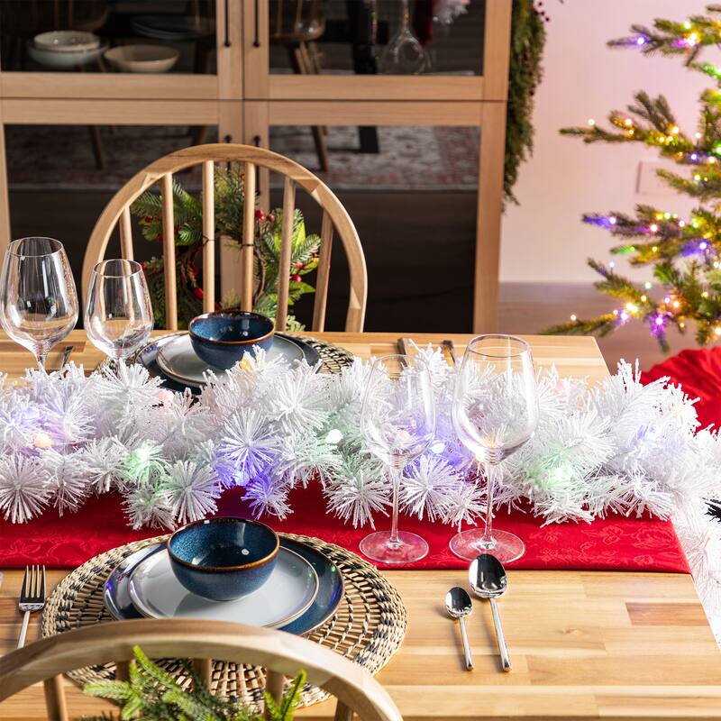 Glitzhome Pre-Lit Snow Flocked White/Greenery Pine Garland & Wreath & Teardrop