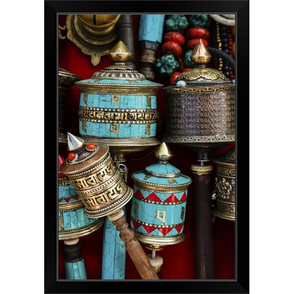 "Tibetan prayer wheels for sale, Kathmandu" Black Framed Print
