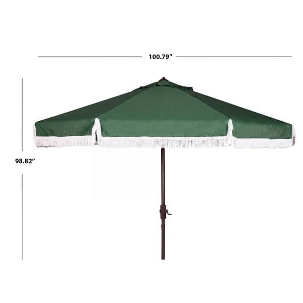 dimension image slide 3 of 5, SAFAVIEH Milan 9ft Round Outdoor Patio Umbrella with Fringe Trim - UV Resistant, Crank Lift & Button Tilt
