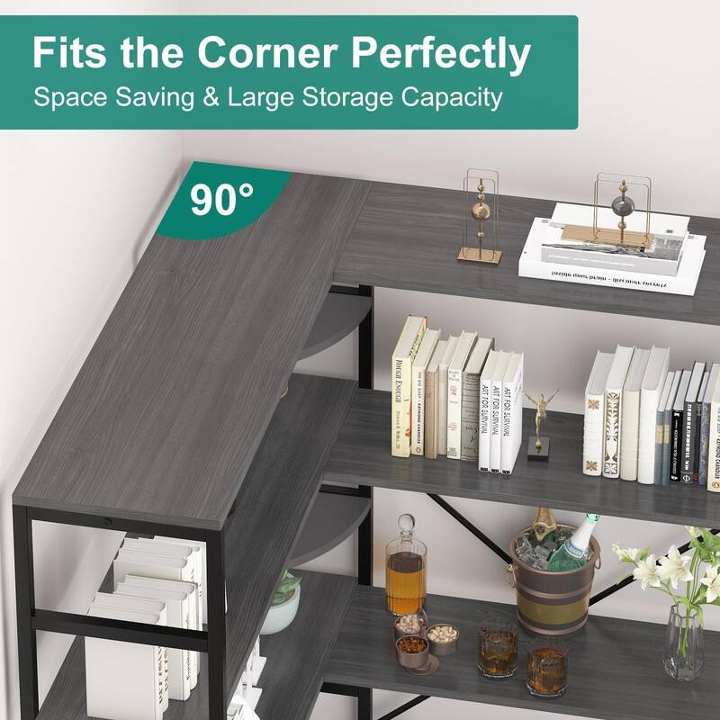 4-Tier L Shaped Industrial Bookshelf Corner Bookcase with Open Shelves and Curved Panels