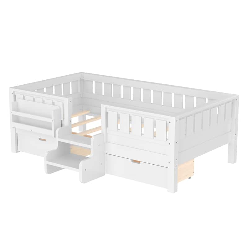 Multiple Colors Toddler Montessori Bed Children's Platform Bed with Low Profile Stairs, Built-in Bookshelf and Storage Drawers