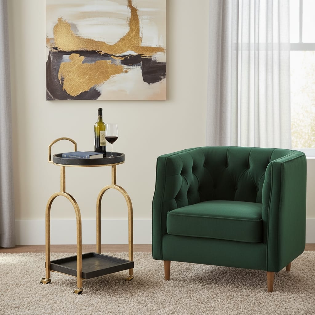 HomeRoots 17" Black And Brass Steel and Solid Wood Distressed Round Rolling Bar Cart - 17.00 in. x 34.80 in. x 16.00 in.