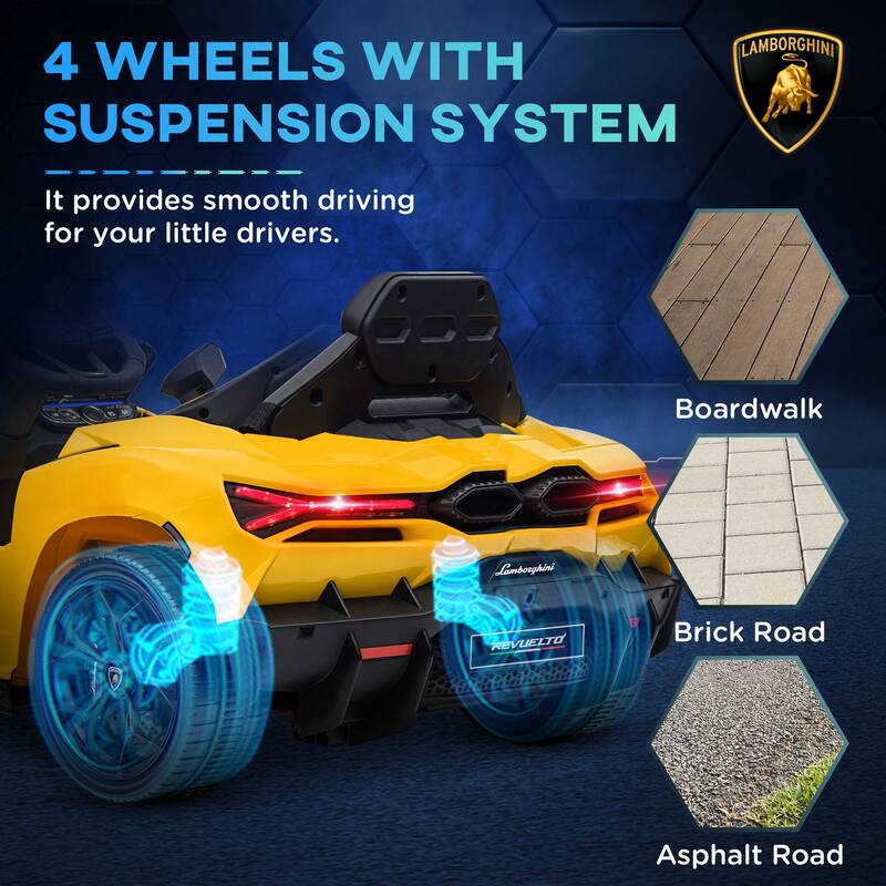 Yellow Lamborghini Revuelto Kids 12V Electric Ride-On Car with Spring Suspension, Auxiliary Wheels, and Remote Control