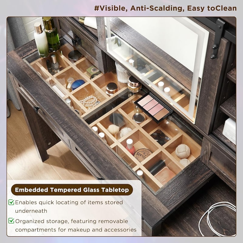Farmhouse Makeup Vanity Desk with Mirror & Lights, Rustic Vanity Table