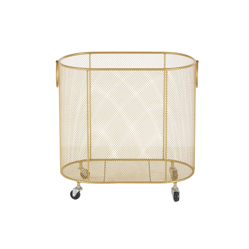 Metal Oval Mesh Wire Rolling Laundry Storage Cart with Ring Handles - Black or Gold - Roche River Decor