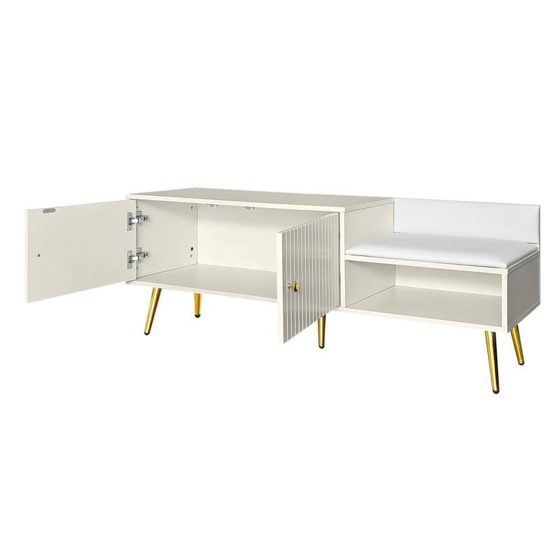 Modern Shoe Storage Bench with Storage Cabinet and Upholstered Cushions, Entryway Bench with Open Compartment for Living Room