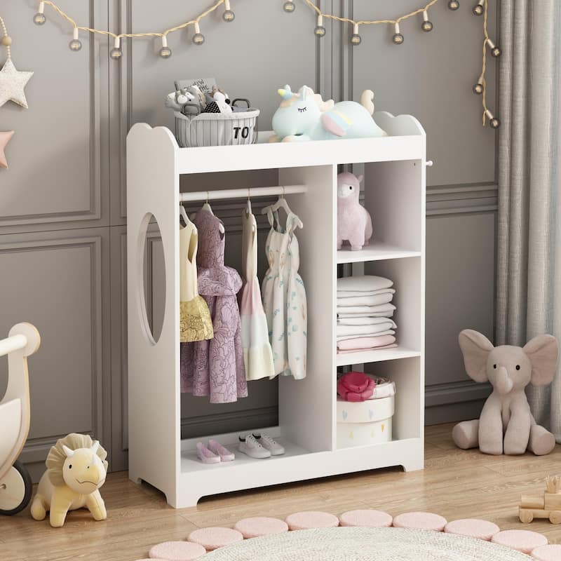 Kids Dress Up Storage with Mirror and Hooks, Wooden Clothes Rack with Hanging Rod, 3 Side Hooks, Storage Shelves and Top Shelf