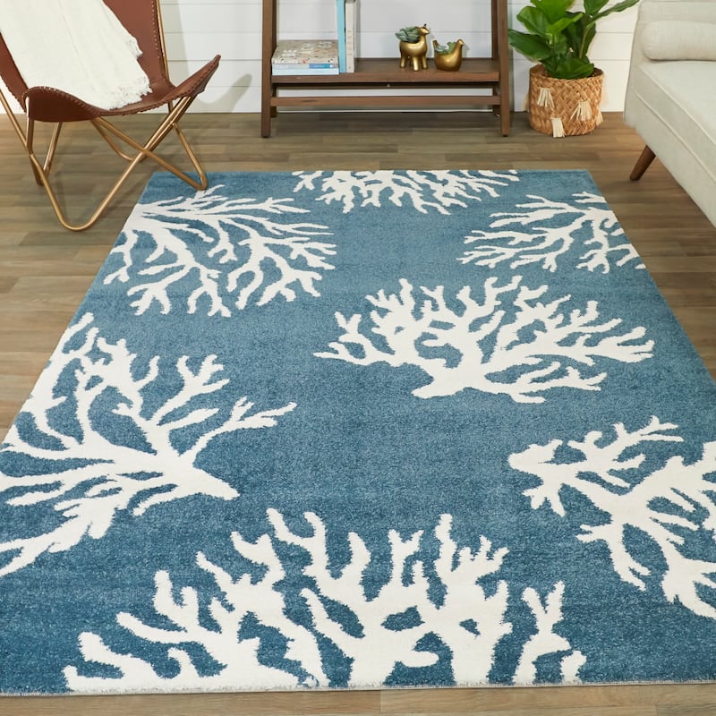 Caistor Coastal Coral Reef Pattern Tropical Area Rug - 2'7" x 7' Runner - Blue/White