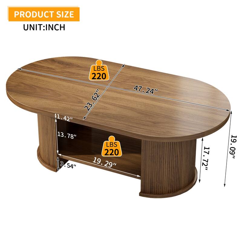 47" Oval Fluted Coffee Table with Storage Shelf, Farmhouse Mid-Century Dual Base Center Table