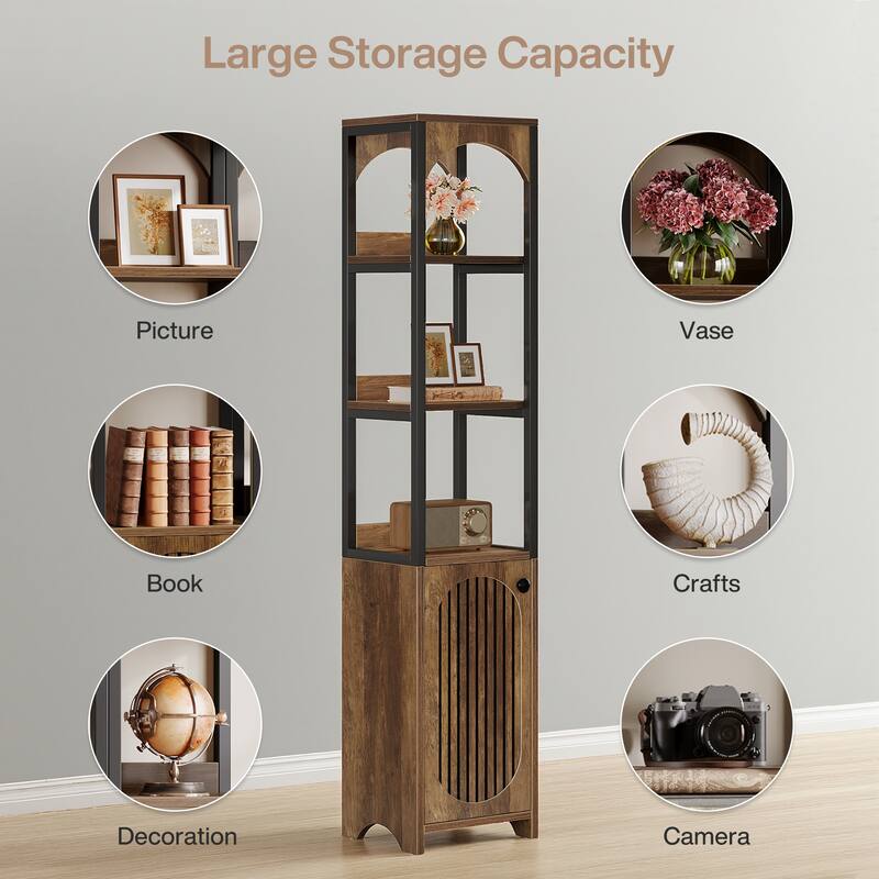 6-Tier Narrow Bookcase with Louvered Door Cabinet for Small Space