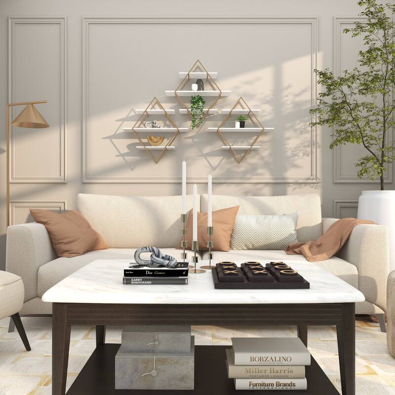 Wooden 3 Shelves Wall Shelf with Diamond Shape - Gold - Roche River Decor