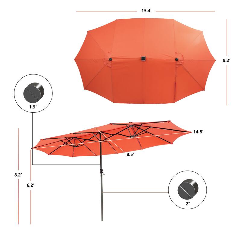 Costway 15FT Twin Patio Double-Sided Umbrella 48 Solar LED Lights - 15.4' x 9.2' x 8'