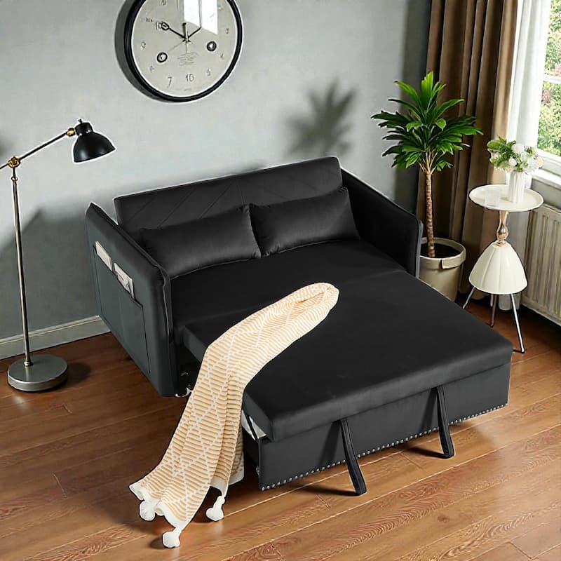 3 in 1 Convertible Sleeper Sofa Bed, Velvet Futon Loveseat with Pull Out Bed, Adjustable Backrest and Side Pockets