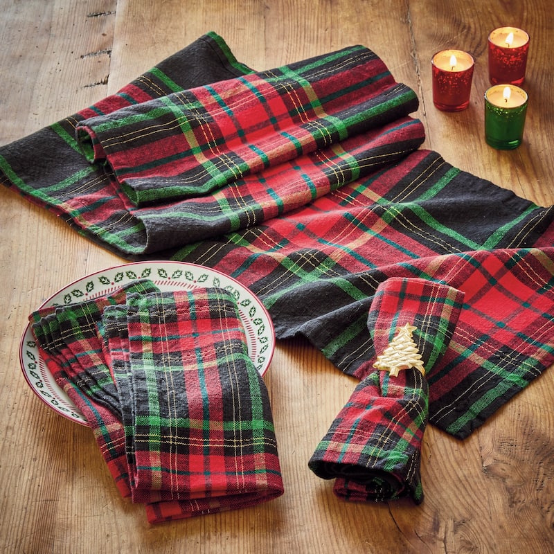 Christmas Plaid Napkin Set of 4 - Red Multi Cotton Kitchen Cloth Napkins, Machine Washable, 20" x 20"