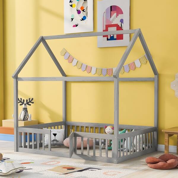 slide 2 of 11, Full Size Montessori House Bed for Kids Boys Girls, Wooden Floor Bed with Fence Railings & Door, Easy Assembly, Grey Grey - Full