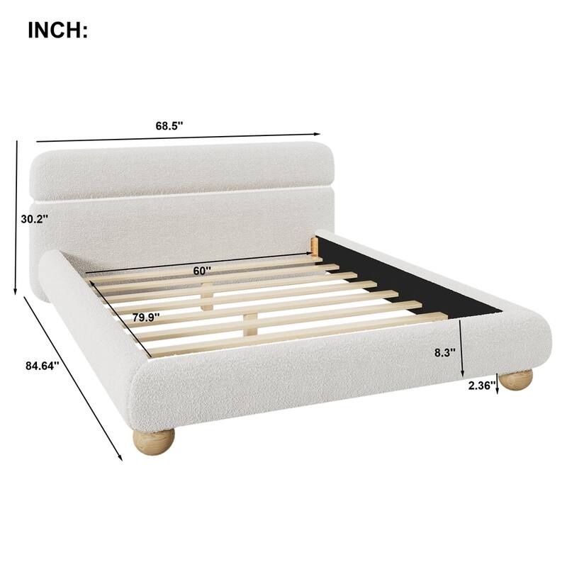 Teddy Fleece Boucle Fabric Low Profile Upholstered Bed