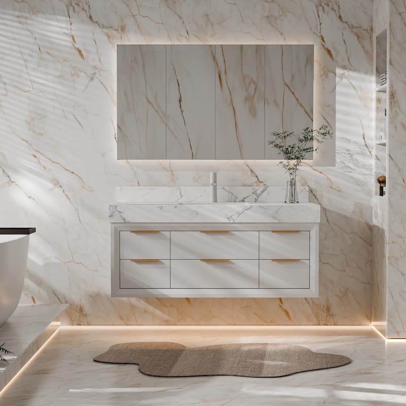 Modland 48" Modern Floating Bathroom Vanity with Single Sink, Soft-Close Drawers, White Stone Countertop