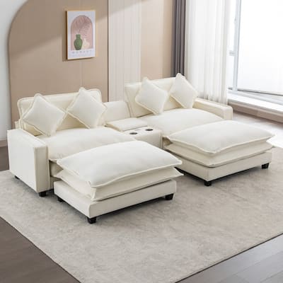 111" Chenille Upholstered Sectional Sofa with 2 Ottomans and 2 USB Ports, 2 Cup Holders