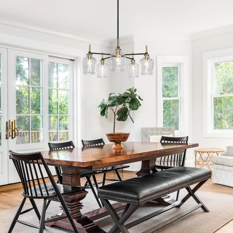 Mid-Century Modern 5-Light Glass Chandelier Black Gold Pendant Lights for Dining Room