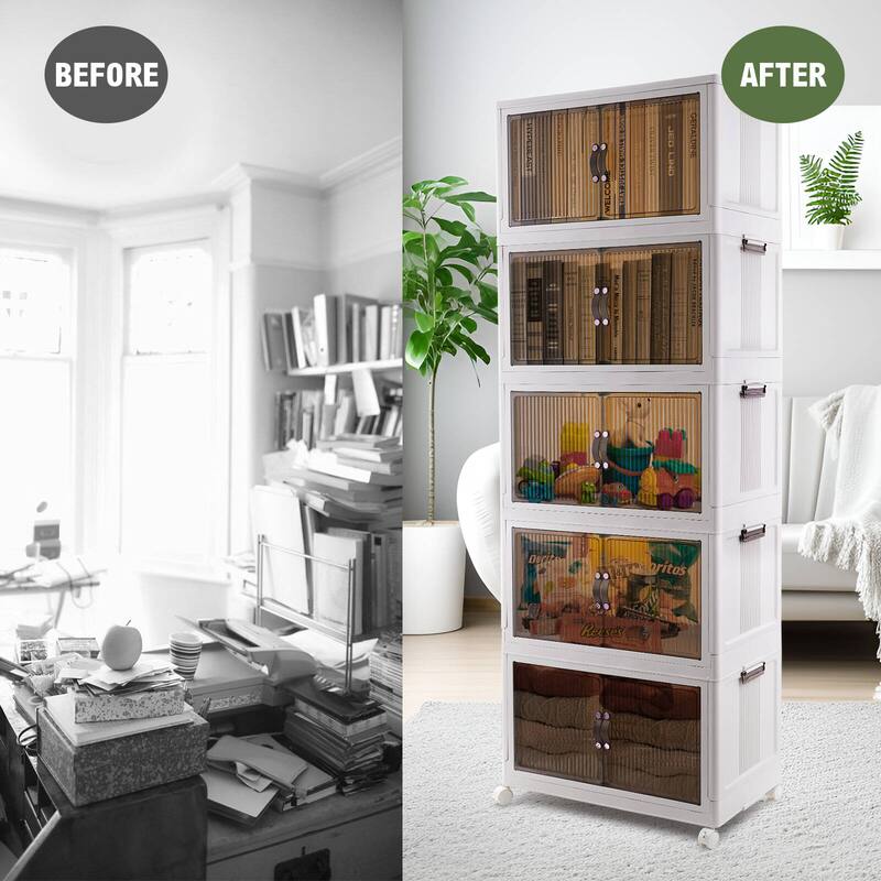 Closet Organizers and Storage Stackable Plastic Storage Bins with Lids Collapsible Closet Storage Containers with Wheels 5 Packs