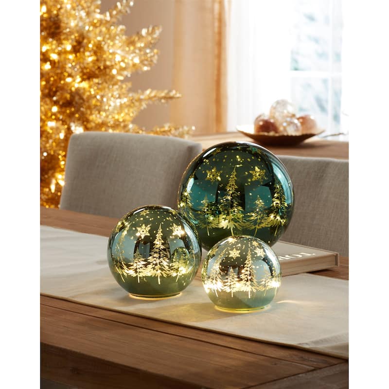 LED Pine Tree Globe Set of 3 Glass Winter Decor with Warm Lights - 7.75” x 7.75” x 7.25”
