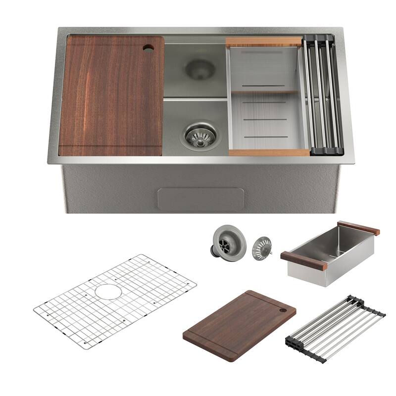 Stainless Steel Sink 16-Gauge Single Bowl Undermount Workstation Kitchen Sink with Accessories in Nano Brushed - 32" x 19"