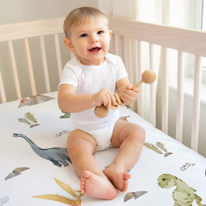 Sweet Jojo Designs Watercolor Dinosaur Dino Boy 2 Pack Fitted Crib Sheets Blue Tracks Footprint Modern Dinosaurs Nature Animal