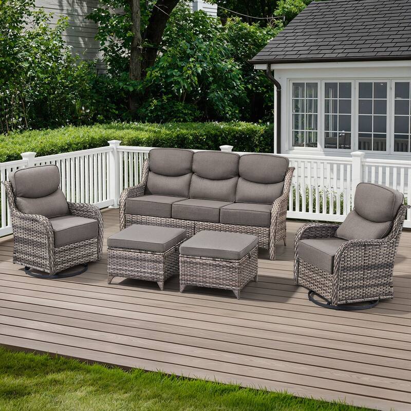 Arcadia 5-Piece Wicker Patio Conversation Set with Swivel Gliders and 6-Inch Thick Olefin Cushions