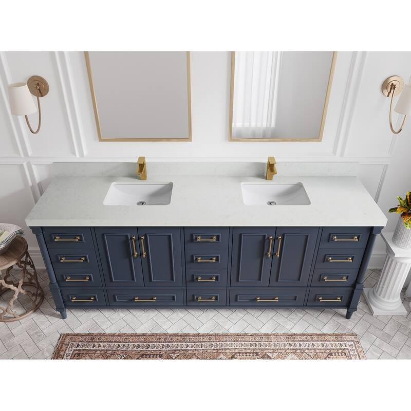 Willow Collections 84 in. W x 22 in. D Aberdeen Double Bowl Sink Bathroom Vanity with Countertop - 2" Carrara Quartz - Hale Navy Blue