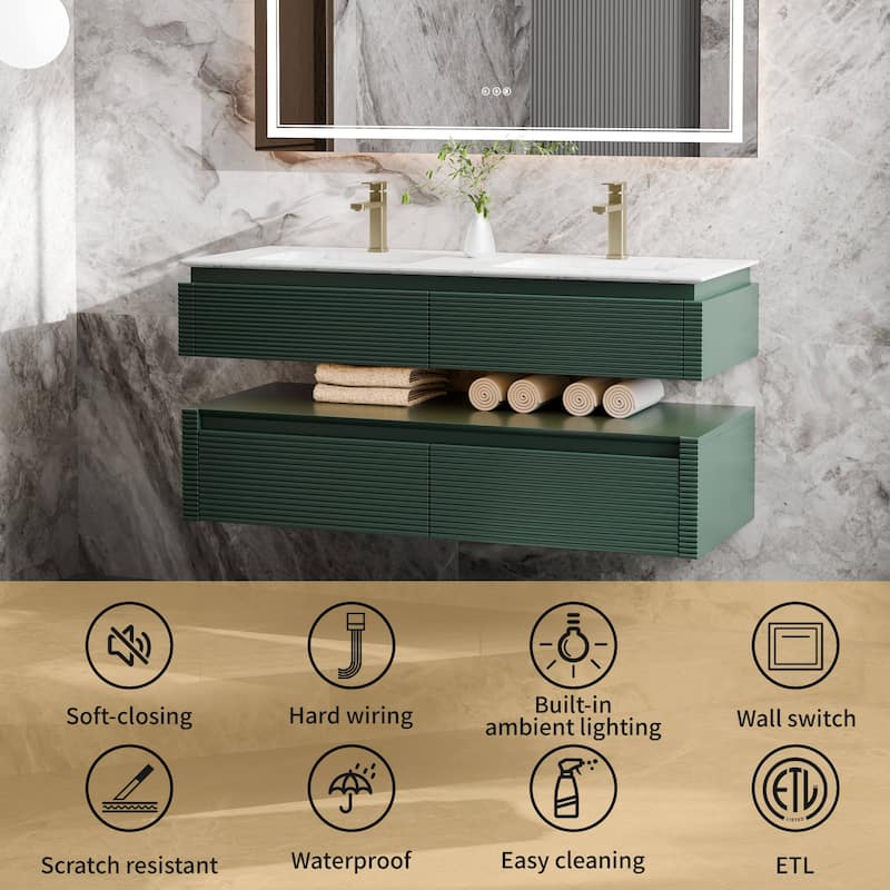 Modland 48" Modern Wall-Mounted Double Sink Bathroom Vanity with Engineered Stone Countertop,LED Light