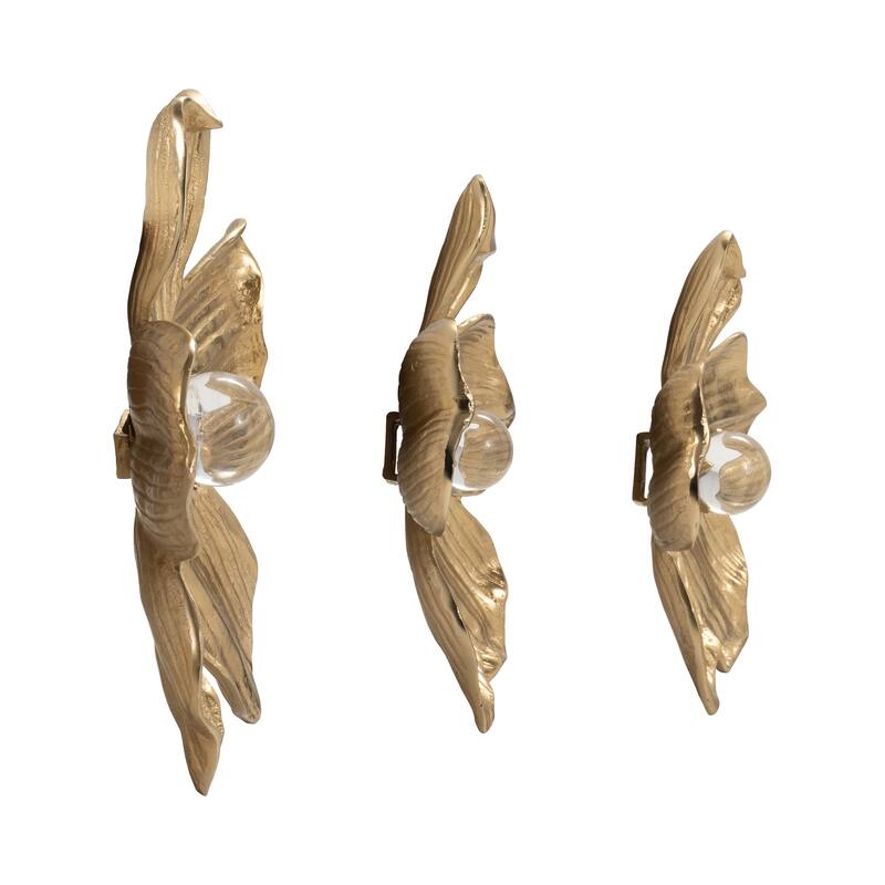 Modern Five Petal Flower Decorative Wall Art Sculpture- Set of 3, 18", Gold