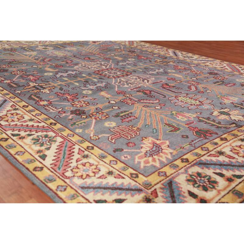 Gray Blue Geometric Oushak Oriental Area Rug Hand-Knotted Wool Carpet - 7'10" x 9'10"