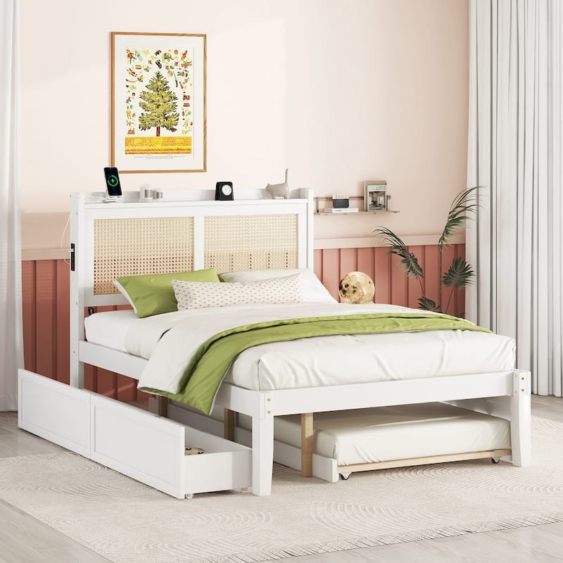 Elegant Bed Frame with Rattan Headboard and Sockets