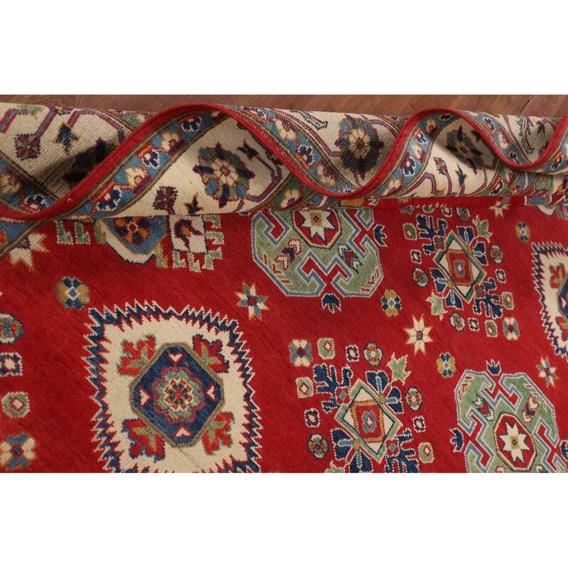 Geometric Red Kazak Area Rug Living Room Hand-Knotted Wool Carpet - 6'8" x 10'3"