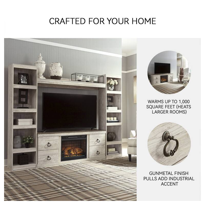 Signature Design by Ashley Willowton Whitewash 60" TV Stand for TVs up to 69" with Electric Fireplace - 60"W x 15"D x 24.5"H