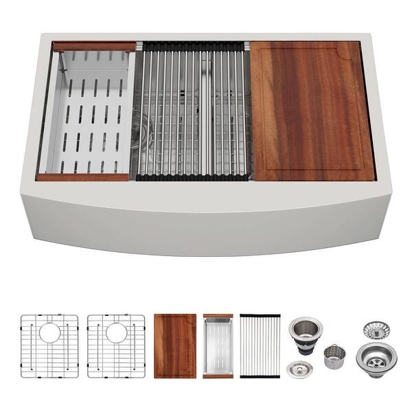 slide 2 of 9, Lordear 33" Farmhouse Stainless Steel Workstation Utility Double Bowl Low Divider Kitchen Sink with Accessories