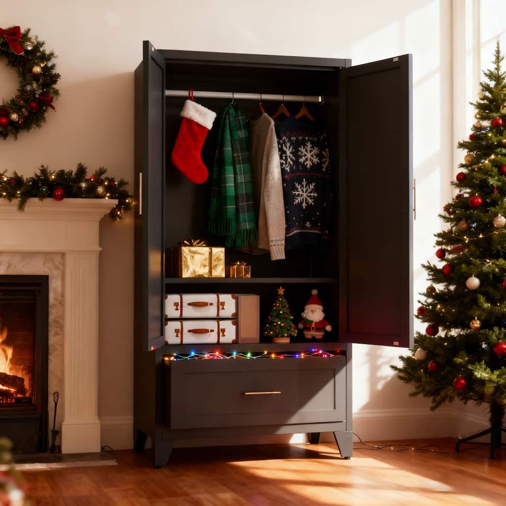 60" Tall Metal Wardrobe Cabinet with Drawer, Hanging Rod & Shelf, 2-Door Closet