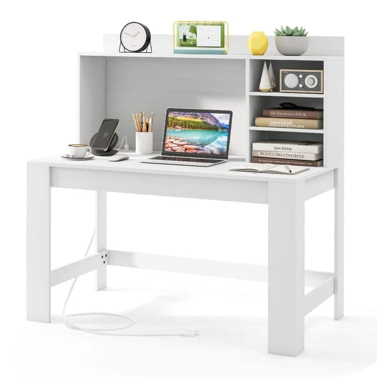 Modern White Computer Desk with Hutch & Charging Station 42.5'' MDF Workstation with USB