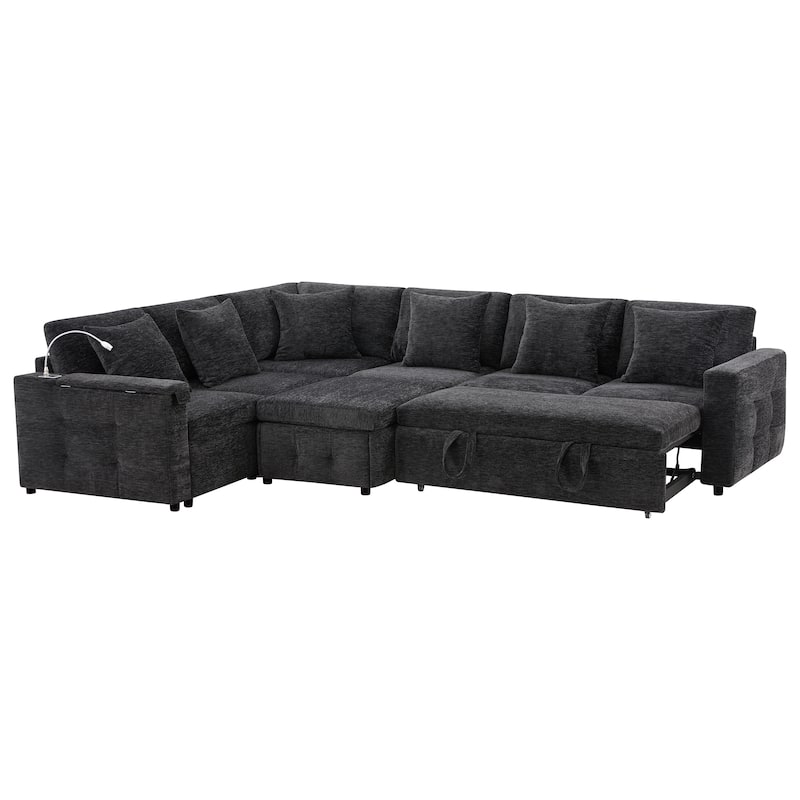Roomfitters 117"x90" Modular Sectional Sofa Bed with Pull-Out Design, Flip-Up Table, Charging Ports, Storage Ottoman