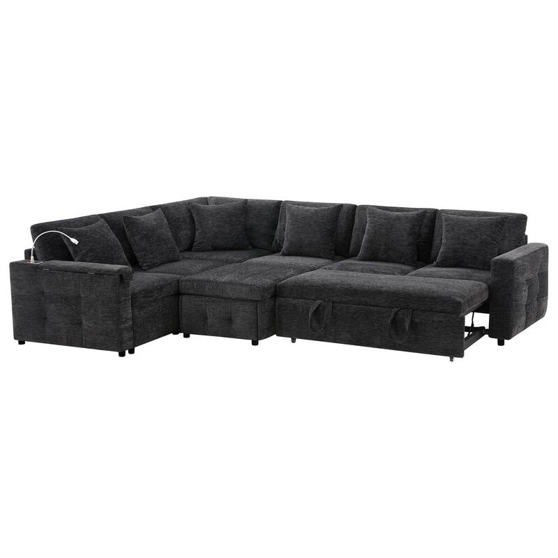 Tufted Chenille Sectional Sofa with Pull-out Bed, Flip-up Table Panel, Reading Lamp, Charging Ports, Storage Ottoman, 6 Pillows