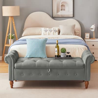 63" Upholstered Storage Bench, Button-Tufted Large Storage Ottoman Bench for Bedroom End of Bed, Rolled Armed Bench