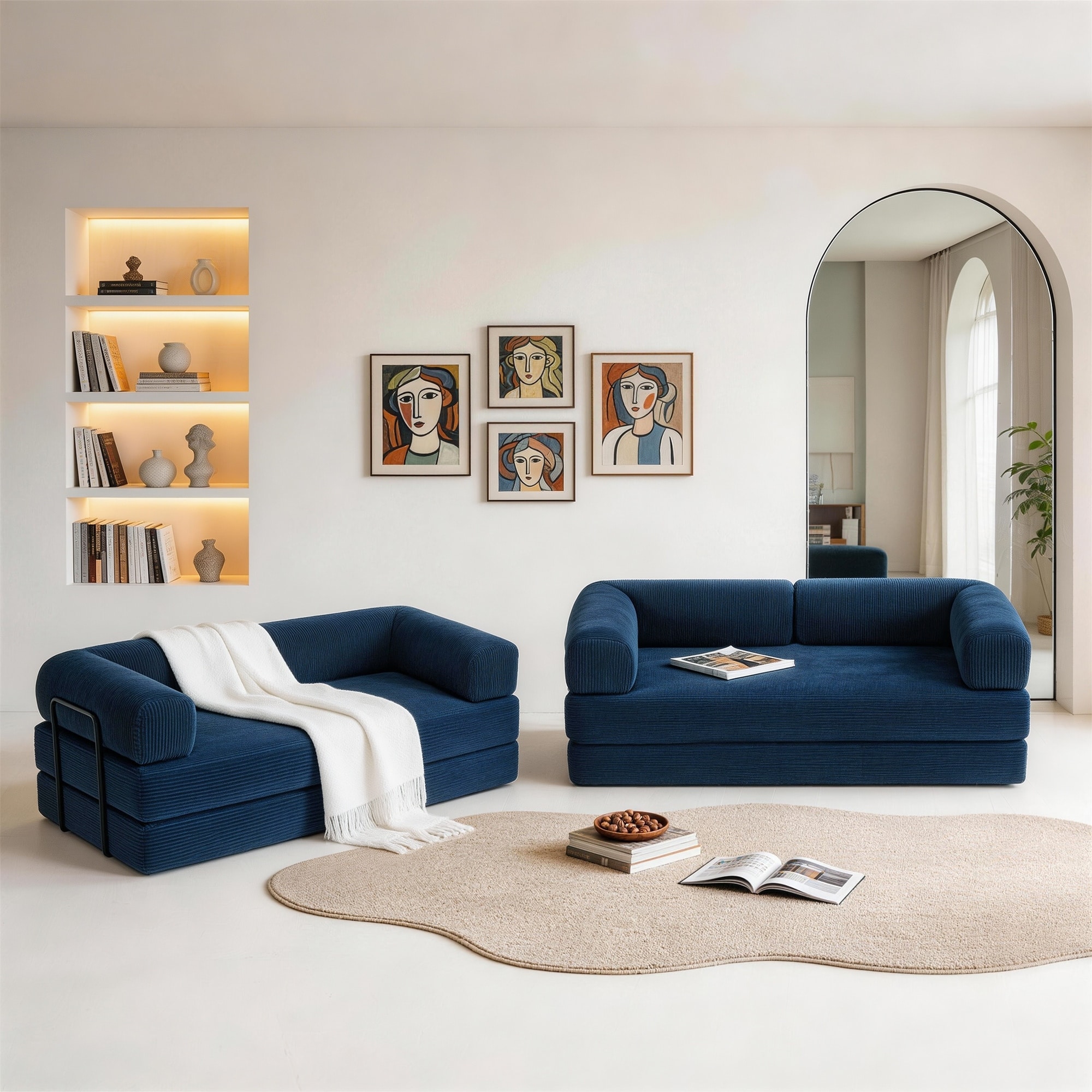 Oversized Corduroy Convertible Floor Sofa with Bolsters (Set of 2)