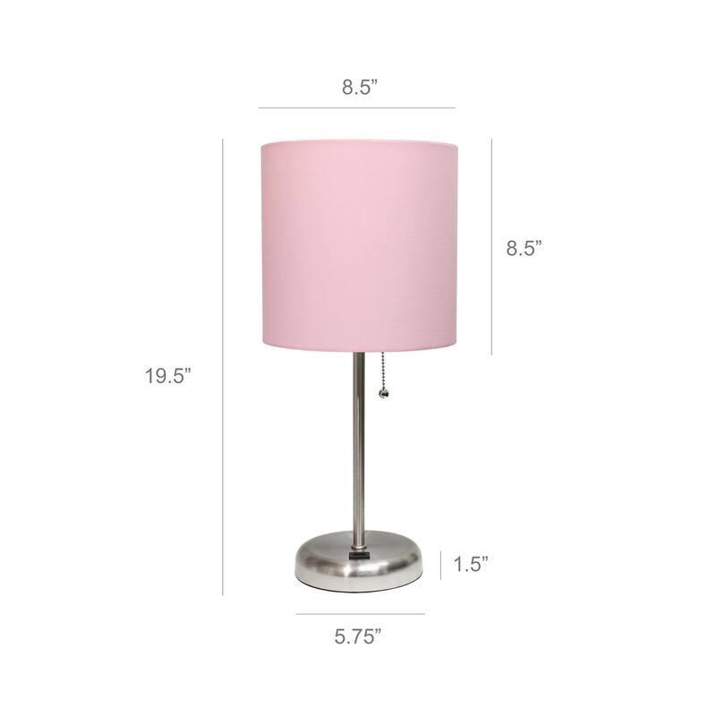 19.5 in. Brushed Steel Finish Table Lamp with Pink Shade, Durable Stick Lamp for End/Side Tables, Set of 2